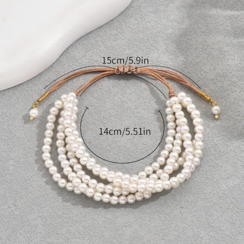 Layered Faux Pearl Bracelet, Adjustable Cord Beaded Bracelet for Women | Layered Faux Pearls; Adjustable Cord; Lightweight; Stackable Style; Everyday Fashion Bracelet