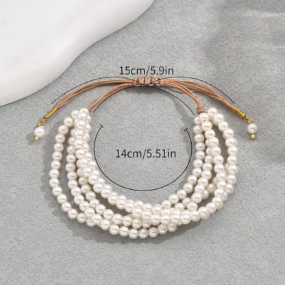Layered Faux Pearl Bracelet, Adjustable Cord Beaded Bracelet for Women | Layered Faux Pearls; Adjustable Cord; Lightweight; Stackable Style; Everyday Fashion Bracelet