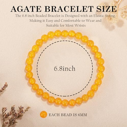 Agate Round Beaded Bracelet for Women Men Natural Agates Stone Healing Bracelets Stretch Elastic Handmade Polished Gemstone Beads Bracelet - color: Yellow, size: 6mm Beads