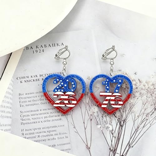 4th of July Independence Day Clip on Earring for Women American Flag Dangle Earrings Patriotic Red White Blue USA Earring, Pave Crystal Stud - color: red heart
