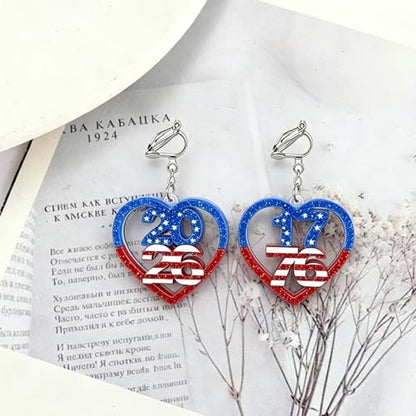 4th of July Independence Day Clip on Earring for Women American Flag Dangle Earrings Patriotic Red White Blue USA Earring, Pave Crystal Stud - color: red heart