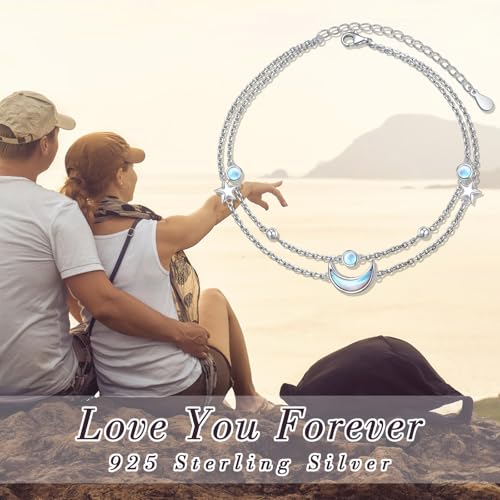 Anklets for Women 925 Sterling Silver Blue Evil Eye Infinity Butterfly Adjustable Multilayer Layered Summer Beach Ankle Bracelet Foot Chain Jewelry for Women - style: Moon & Star
