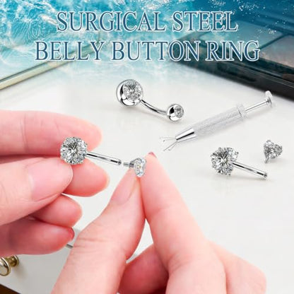 JELUTAR 316L Belly Button Rings, 6 PCS 14G Belly Rings Piercing Kit - color: Silver