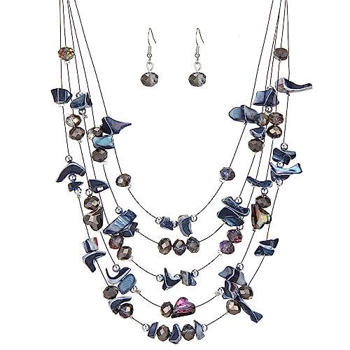 Multi-Layer Boho Shell Beaded Necklace for Women Colorful Crystal Strand with Silver Beads Statement Collars Necklace and Earrings Costumes Jewelry Sets for Women - color: 45-Black