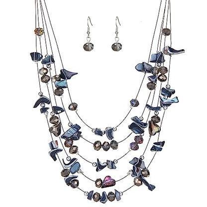 Multi-Layer Boho Shell Beaded Necklace for Women Colorful Crystal Strand with Silver Beads Statement Collars Necklace and Earrings Costumes Jewelry Sets for Women - color: 45-Black