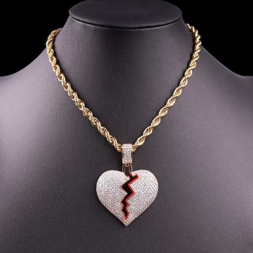 Broken Heart Pendant Necklace Hip Hop CZ Fully Iced Out Bling CZ Diamond 24K White Gold Plated with 24" Stainless Rope Chain - color: MIX Gold