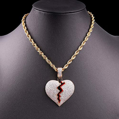 Broken Heart Pendant Necklace Hip Hop CZ Fully Iced Out Bling CZ Diamond 24K White Gold Plated with 24" Stainless Rope Chain - color: MIX Gold