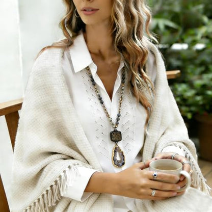 Yomisa Long Necklaces for Women Trendy, 33/34/35 inch | Boho Beaded Necklaces for Women, Natural Stone Pendant, Handmade Knotted Bead, Bohemian Holiday Summer Western Charm Jewelry - color: 34inch-Dalmatian Stone