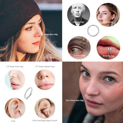 MissNity 316L Surgical Steel Hinged Nose Rings Hoop 20G 18G 16G 14G, Diameter 6mm to 10mm, Color Gold - Rose Gold - Silver - Black - Rainbow - color: D31: Silver & clear cz - 2pcs