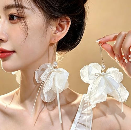 White Tulle Flower Pearl Drop Earrings - Long Lightweight Floral Dangle Earrings with Bow Ribbon, Hypoallergenic Gold Hook Earrings for Women, Fairy Aesthetic Bridal Wedding Statement Earrings Jewelry