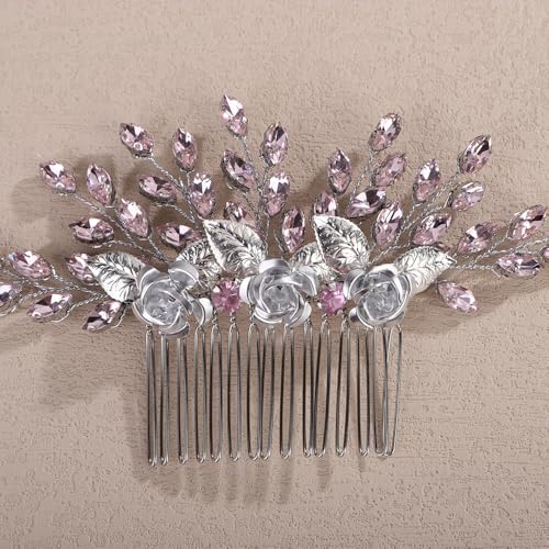 3D Flower Hair Comb with Pink Crystal for Wedding Brides Women Banquet Prom Hair Piece Handmade Silver Side Headpiece (Pink) - color: Pink
