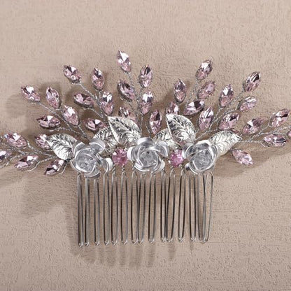 3D Flower Hair Comb with Pink Crystal for Wedding Brides Women Banquet Prom Hair Piece Handmade Silver Side Headpiece (Pink) - color: Pink