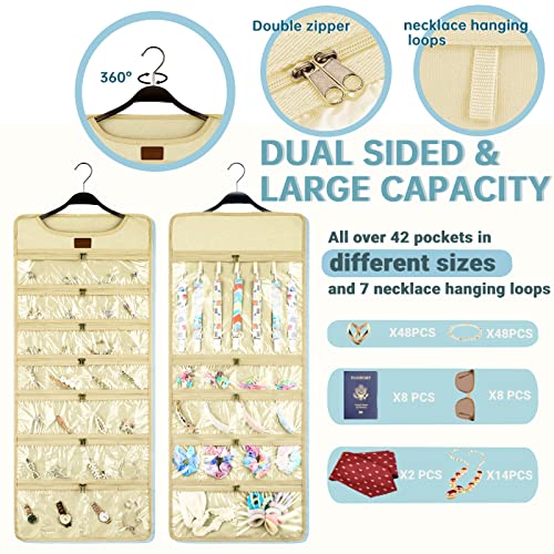 SMRITI Hanging Jewelry Organizer with Dual Zippered Pockets Canvas Double Sided Rotating Hanger Necklace Hanging Wall Organizer Earring Dustproof Holder Wall Mount Accessories Display Bag(Beige) - color: Beige