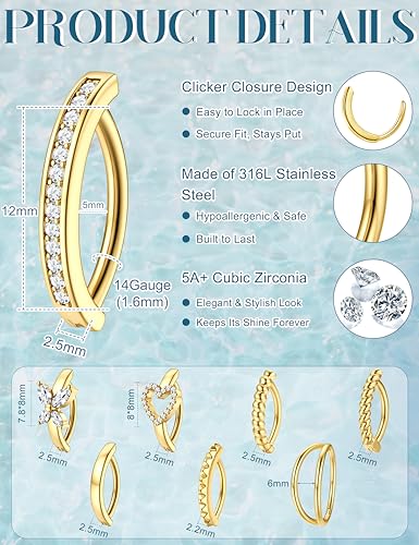 ORAZIO 8Pcs Belly Button Ring Surgical Steel 14G Clicker Belly Rings for Women CZ Heart Butterfly Belly Button Piercing Simple Reverse Navel Barbell Rings Body Piercing Jewelry - color: Gold Plated-12mm
