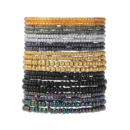 18-20PCS Colorful Bohemia Seed Beaded Bracelets Set Stackable Boho Stretch Bangle Bracelets Multilayer Boho Anket Concert Summer Beach Vaction Surf Jewelry Accessory - color: Golden Black-20pcs
