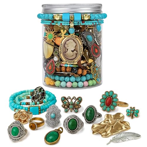 SMUOBT Mystery Jewelry Jar Bundle - Surprise Vintage Jewelry Box for Women,Gift Jewelry Set (Necklace, Earrings, Rings,Kracelet,Keychain) - Unique Birthday Gift for Women - color: Turquoise