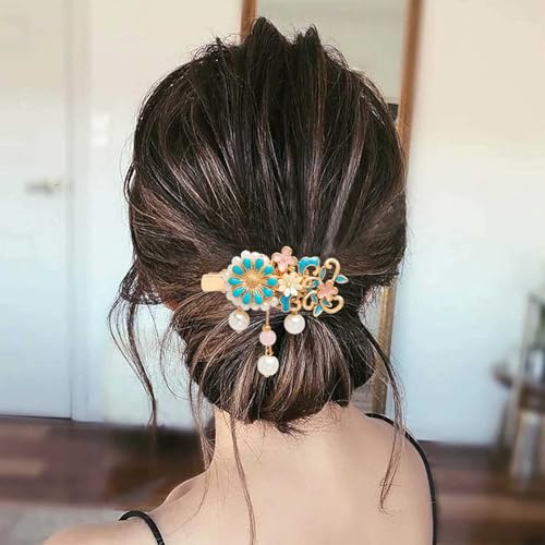 A Pair Wedding Hair Clips, Handmade Floral Design Crystal Hair Clips Pearl Barrettes, Rhinestones Flower Clips Pearl Headpieces Hair Pins Hair Accessories for Women Girls (Blue Flower) - color: Blue Flower