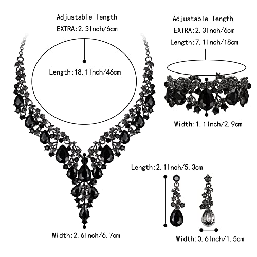 Wedding Bridal Necklace Earrings Jewelry Set for Women | Gorgeous Austrian Crystal Teardrop Flower Cluster for Bridal Bride Bridesmaid - color: 3Pcs-Black Black-Tone