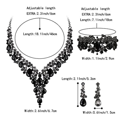 Wedding Bridal Necklace Earrings Jewelry Set for Women | Gorgeous Austrian Crystal Teardrop Flower Cluster for Bridal Bride Bridesmaid - color: 3Pcs-Black Black-Tone