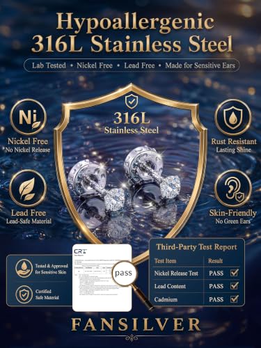 Fansilver 20G Hypoallergenic Flat Back Earrings for Women Men Silver 14K Gold Stainless Steel Stud Earrings Birthstone Cubic Zirconia Studs Surgical Steel Cartilage Earrings for Sensitive Ears - color: Silver Shiny