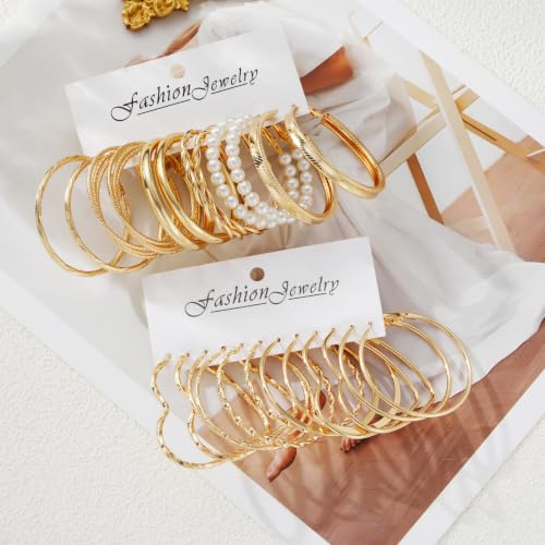 12 Pairs Chunky Gold Hoop Earrings for Women Trendy, Gold Plated Lightweight Hypoallergenic Stack, Thick Open Twisted Huggie Hoops Earring Set - color: 12 Pairs Gold Big Dainty
