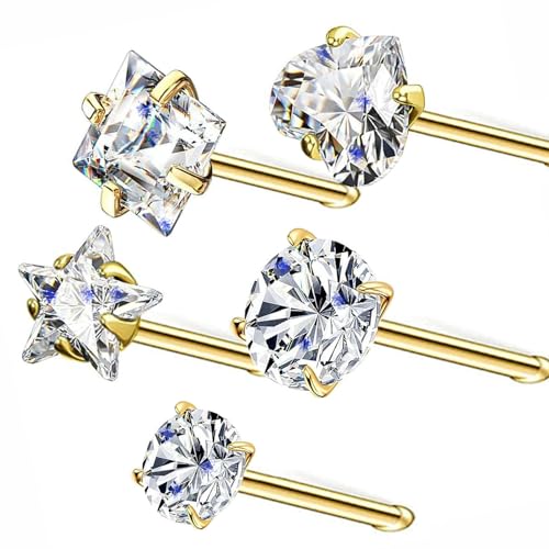 14k Gold Plated Nose Rings Studs for Women 316L Surgical Steel Nose Piercings 22g/20g/18g Gauges 1.5mm/2mm/2.5mm/3mm/3.5mm/4.5mm Sizes - color: 18g 5pcs Bone Gold Surgical Steel