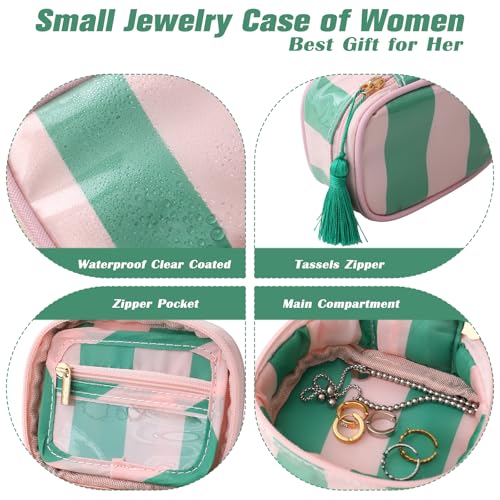 Travel Jewelry Case, Pink and Green | Clear Coated, Stripe, Tassels, Mini Storage Box for Ring,Necklace,Bracelet,Gift - color: Pink Green