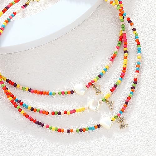 MJartoria Initial Necklaces for Women, Colorful Beaded Necklace, Shell Beach Necklace Letter Choker Handmade Jewelry Gifts - style: X