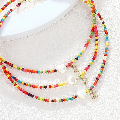 MJartoria Initial Necklaces for Women, Colorful Beaded Necklace, Shell Beach Necklace Letter Choker Handmade Jewelry Gifts - style: X