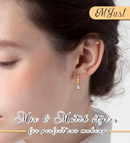 MJust 18 Pairs Earrings Set – Flat Back Stud Hypoallergenic 20G Steel stud | 18 Pairs Flat Back Earrings Set – Hypoallergenic 316L Steel Studs for Cartilage & Lobe Piercings - color: Silvery-11P