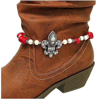 Fashion Jewelry ~ Red Beads and Faux Pearls with Fleur De Lis Charm Boot Anklet Bracelet Boots jewelry for Women T