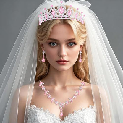 Crystal Crown and Tiara Jewelry Set for Women Bride with Necklace Earrings | Metal Rhinestone Royal Queen Princess Jewelry Set Wedding Quinceanera Pageant Prom Birthday Halloween Party Costume Gift - color: Silver Pink