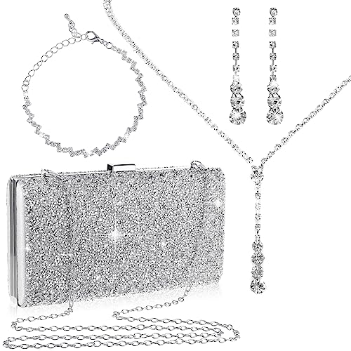 Mixweer 4 Pieces Clutch Purses Bag for Women Evening Rhinestone Jewelry Set Bling Necklace Earrings Bracelets Set for Wedding - style: Elaborate Style