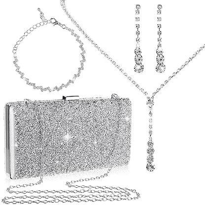 Mixweer 4 Pieces Clutch Purses Bag for Women Evening Rhinestone Jewelry Set Bling Necklace Earrings Bracelets Set for Wedding - style: Elaborate Style
