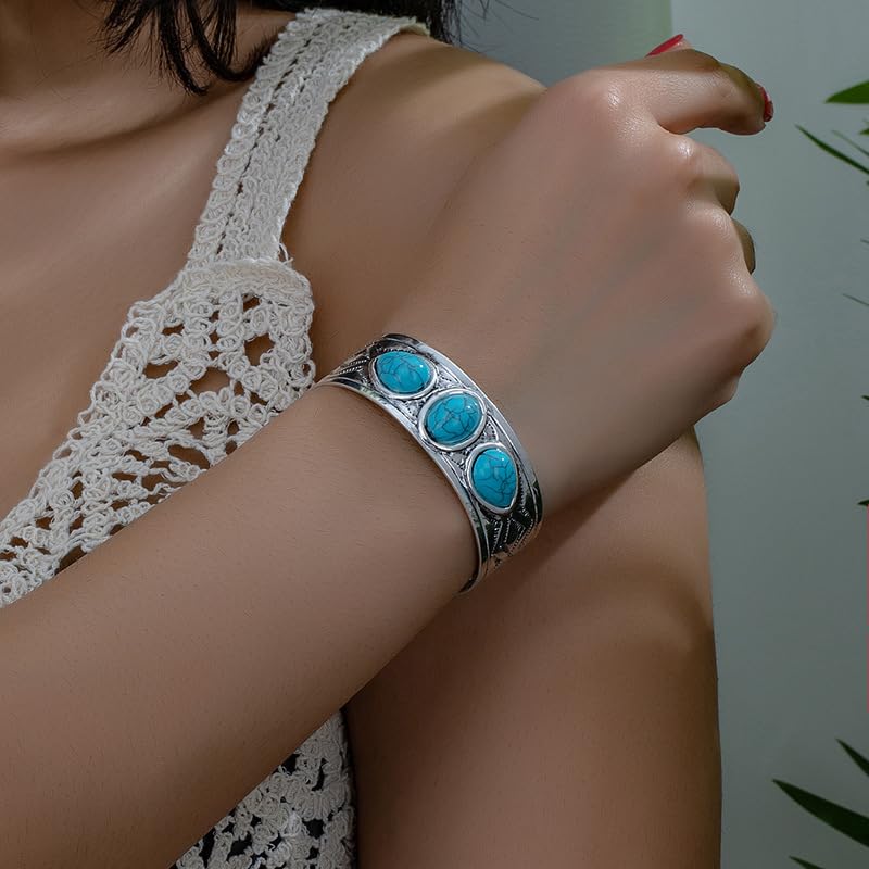 DATOA Bohemian Chunky Turquoise Bracelets Western Cowgirl Bangle Boho Cuff Bracelets for Women Silver Wide Bracelet for Holiday - color: Silver 03