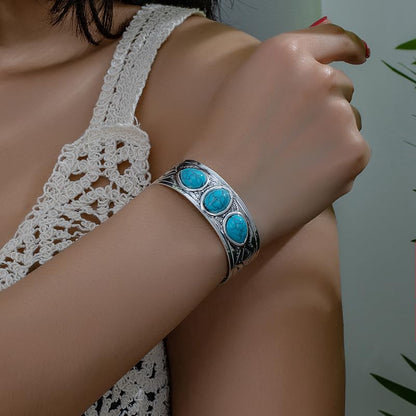 DATOA Bohemian Chunky Turquoise Bracelets Western Cowgirl Bangle Boho Cuff Bracelets for Women Silver Wide Bracelet for Holiday - color: Silver 03