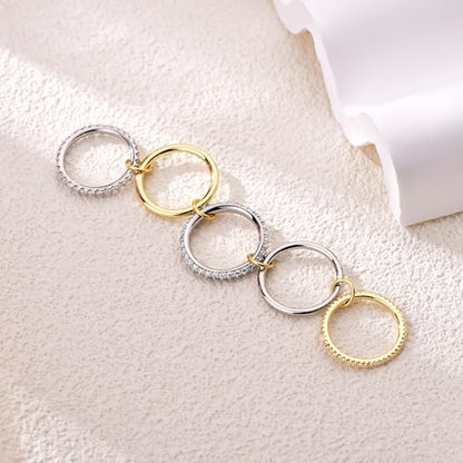 14K Gold Plated Interlocked Stackable Rings for Women Non Tarnish,Gold and Silver Cubic Zirconia Statement Rings Set,Mixed Metals Ring Two-Toned Connected Bands Stacking Jewelry - color: 3*silver rings & 2*gold rings