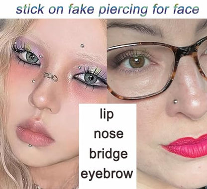 Longita Fake Lip Ring and Nose Piercing Set - Ball Spike, Hoop, Stud, Stick-on Bridge and Eyebrow Ring - Silver, Gold, Black - color: 1-silver