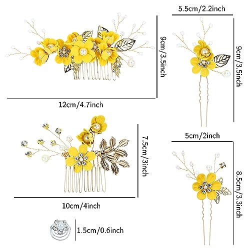Cinaci 18 Pieces Bridal Wedding Party Prom Pearl Rhinestone Yellow Flower Hair Side Combs Slides+U-shaped Flower Hair Pins+Twist Spiral Hairpins Floral Headpieces for Brides Bridesmaids Women Girls - color: Yellow