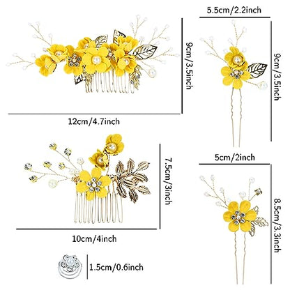 Cinaci 18 Pieces Bridal Wedding Party Prom Pearl Rhinestone Yellow Flower Hair Side Combs Slides+U-shaped Flower Hair Pins+Twist Spiral Hairpins Floral Headpieces for Brides Bridesmaids Women Girls - color: Yellow