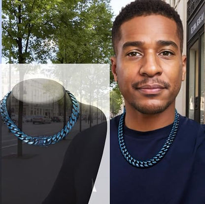 ROWIN&CO Men's Miami Cuban Link Chain 8/12/15mm Stainless Steel Blue Plated Chain Necklace, Hypoallergenic Hip Hop Jewelry, 20-30 Inch, Gift Box