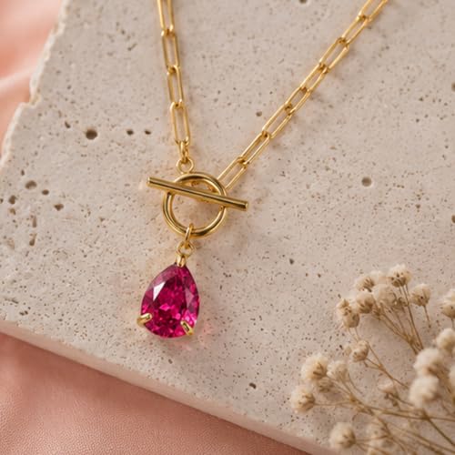 Teardrop CZ Pendant Paperclip Chain Necklace 18K Plated Paperclip Toggle Necklace Jewelry Birthstone Gift for Women - color: Ruby-July
