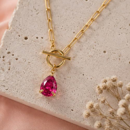 Teardrop CZ Pendant Paperclip Chain Necklace 18K Plated Paperclip Toggle Necklace Jewelry Birthstone Gift for Women - color: Ruby-July