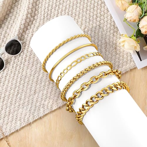 6PCS Stainless Steel Bracelets for Men Women, Silver Gold Black Cuban Link Rope Snake Wheat Chain Paperclip Figaro Jewelry Set, 7/8/9 Inches - color: Gold, size: 7 inches