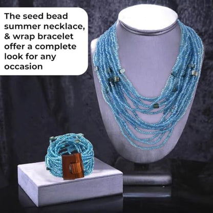 Shop LC Seed Bead Necklace Bracelet Set Boho Jewelry for Women | Multi Layered Boho, Wooden Clasp, 18 Inch Necklace, Stretchable Bracelet - color: Blue