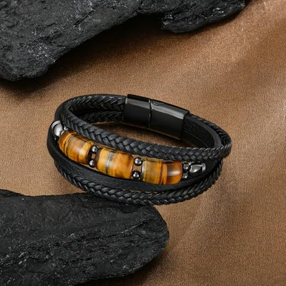 Mens Tiger Eye Leather Bracelet, Natural Tiger Eye Stone Multi-Layer Braided Cuff Bracelets for Men, Stainless Steel with Buckle Memorial Bangle Gifts for Him - color: Black3