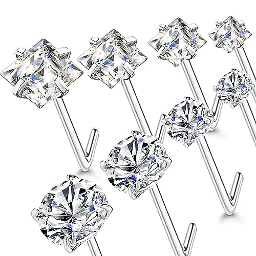 14k Gold Plated 316L Surgical Steel 22g/20g/18g Nose Rings Studs L-Shape Bone Screw Nostril Piercing 1.5mm 2mm 2.5mm 3mm 3.5mm 4.5mm CZ Nose Studs for Women - color: 18g 8pcs L Silver 316L Surgical Steel