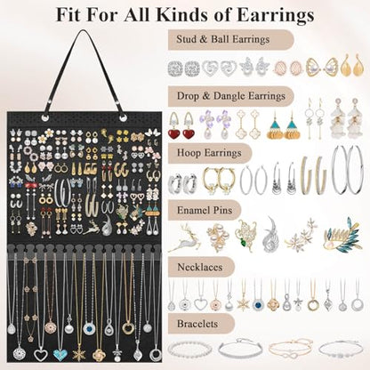 Caffox Hanging Jewelry Holder, Large Earrings Necklaces Organizer Storage for Earrings, Necklaces, Bracelets, Enamel Pins and Ankles, Jewelry Display Storage Hanger for Wall, Closet and Door