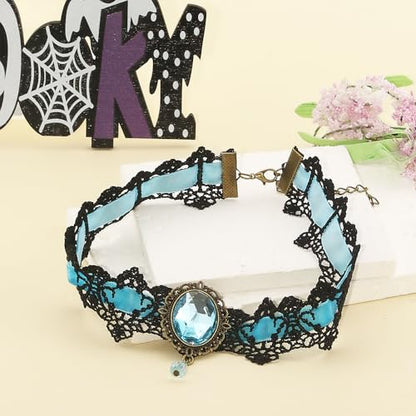 Lace Choker Witch Necklace for Women Halloween Gothic Lace Collar Punk Rhinestone Gothic Necklace Prom Jewelry Halloween Vampire Choker Necklace Costume Emo Witch Accessories - color: Blue