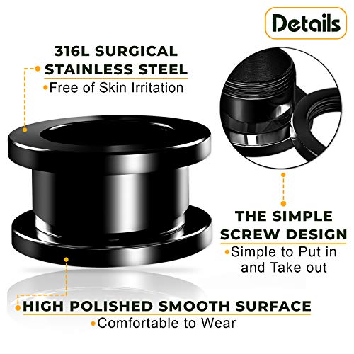 Pair of 316L Surgical Steel Black Anodized Screw-fit Piercing Jewelry Ear Stretching Lobe Plugs flesh Tunnel Earring - style: B04 2Pcs 7/16 (11mm)